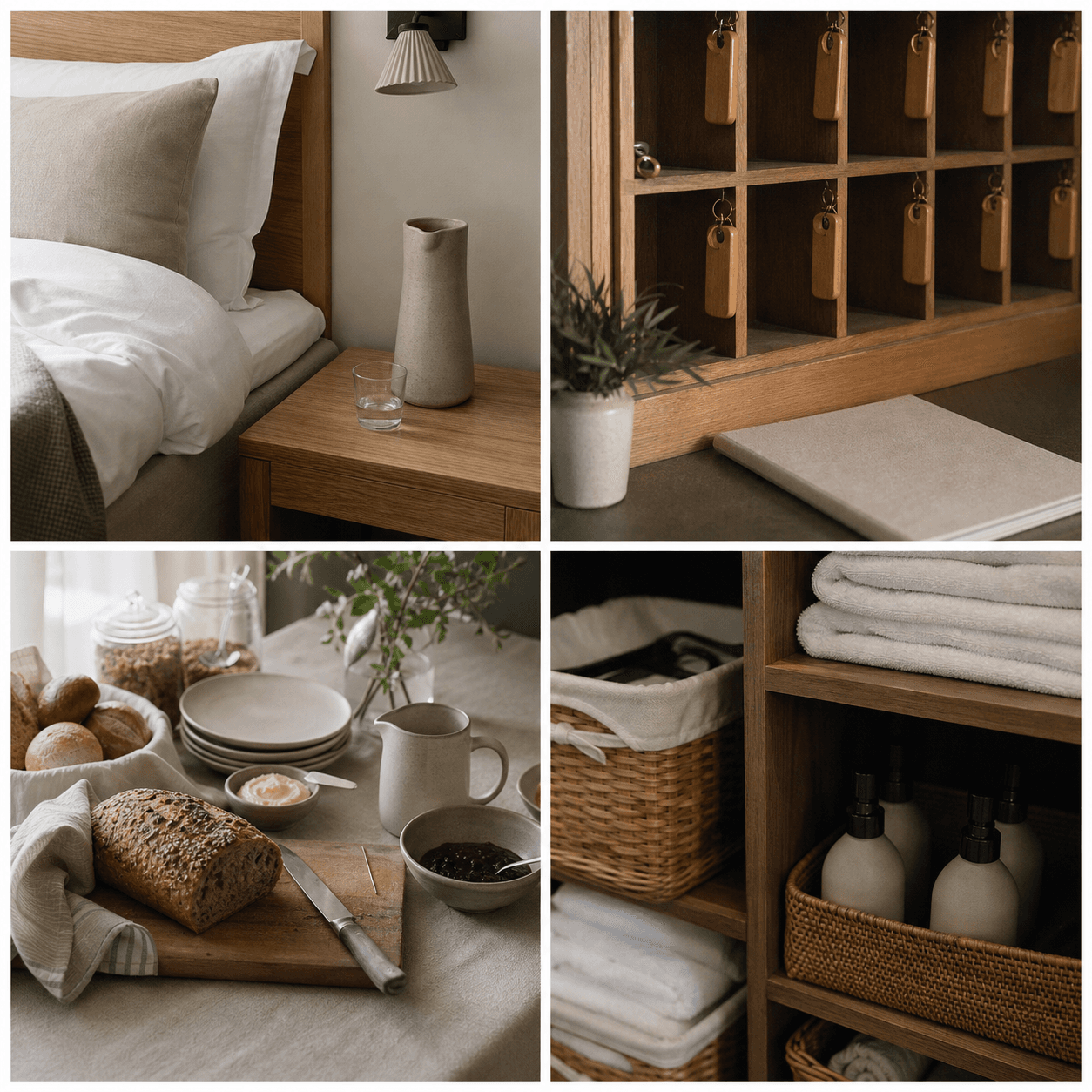 Lyst nordisk hotelværelse med linned og keramisk karaffel