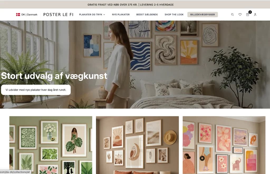 PosterLefis webshop med produktkategorier og billedvægbygger i navigationen