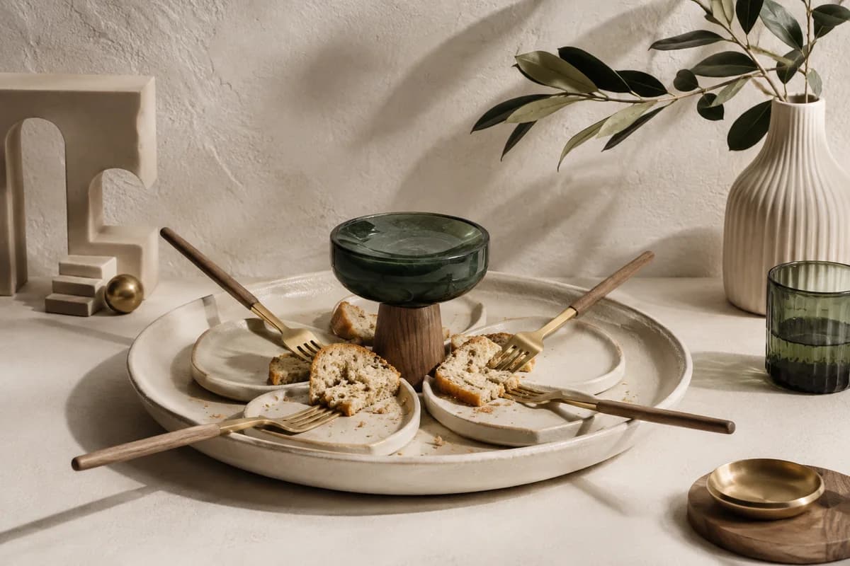 Flere stykker bestik deler brød på små tallerkener omkring en fælles midte.