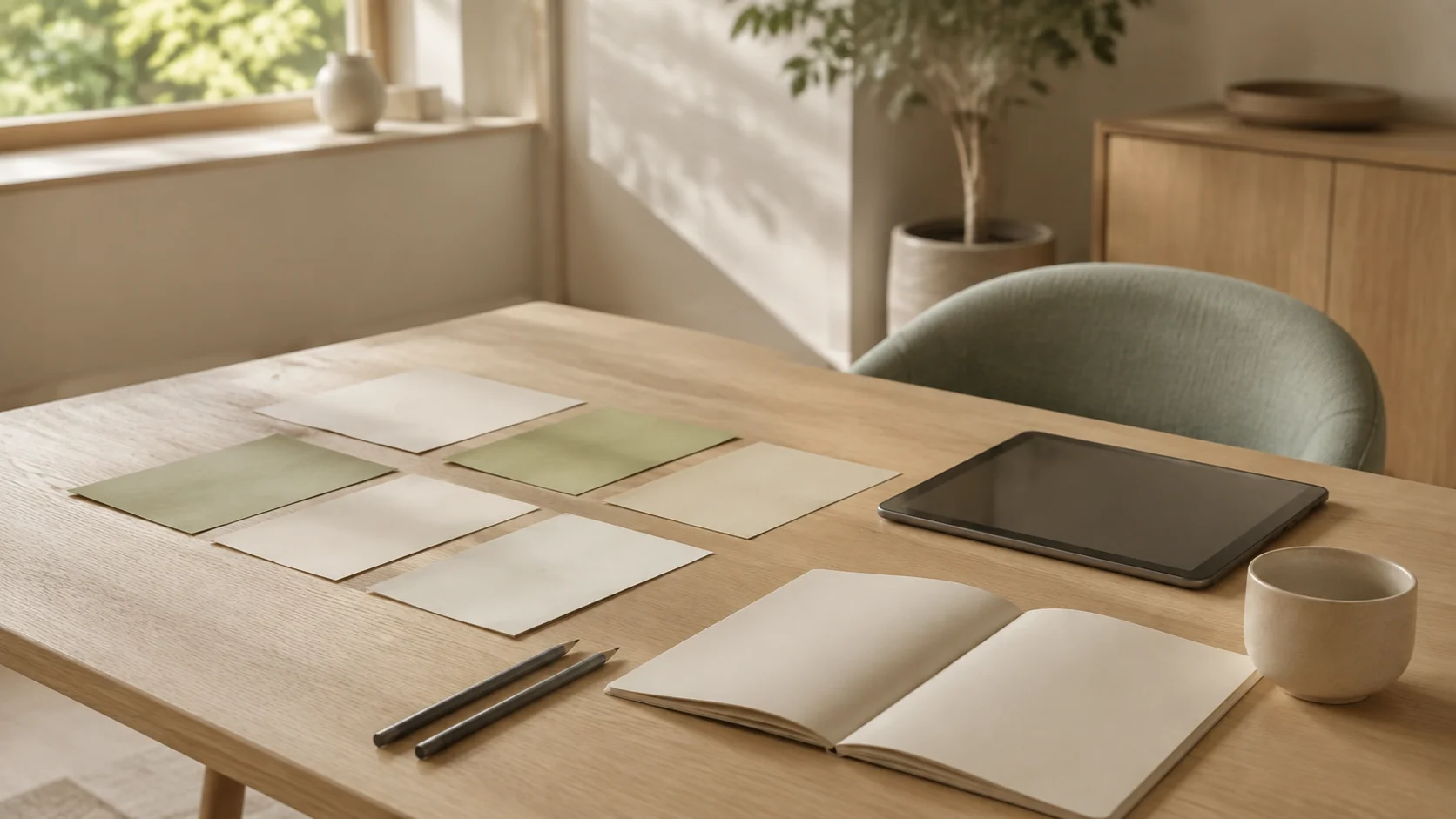 Lyst workshopbord med arbejdsark, kort og tablet klar til fælles læring