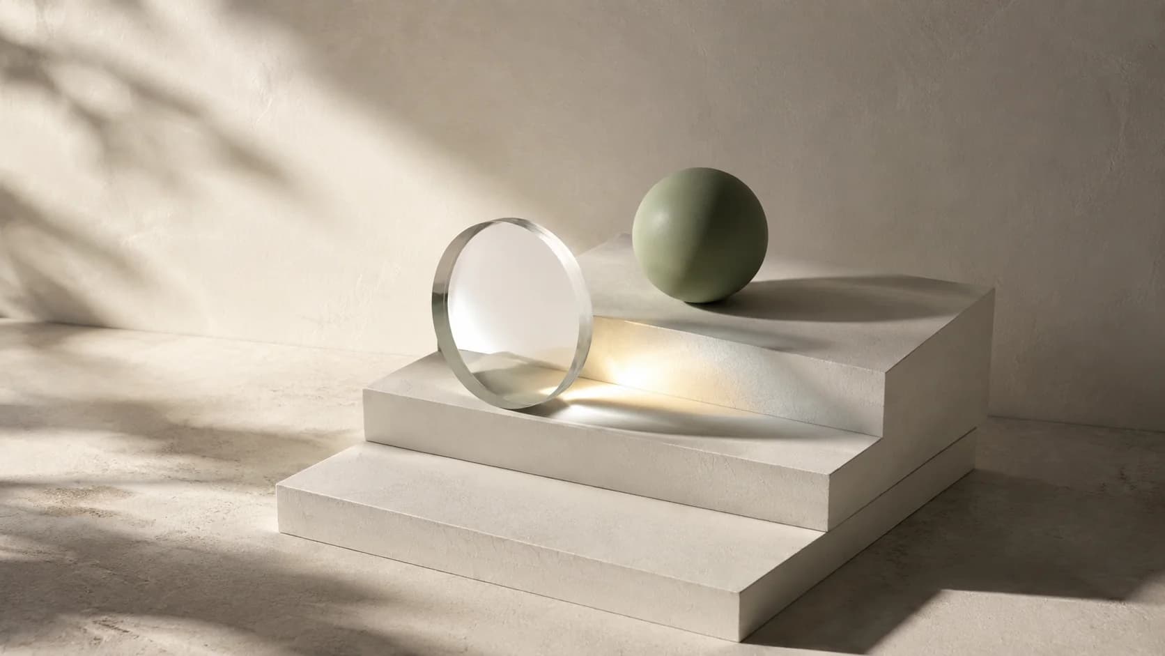 Lys gennem en glaslinse på arkitektoniske trin og en salviegrøn kugle