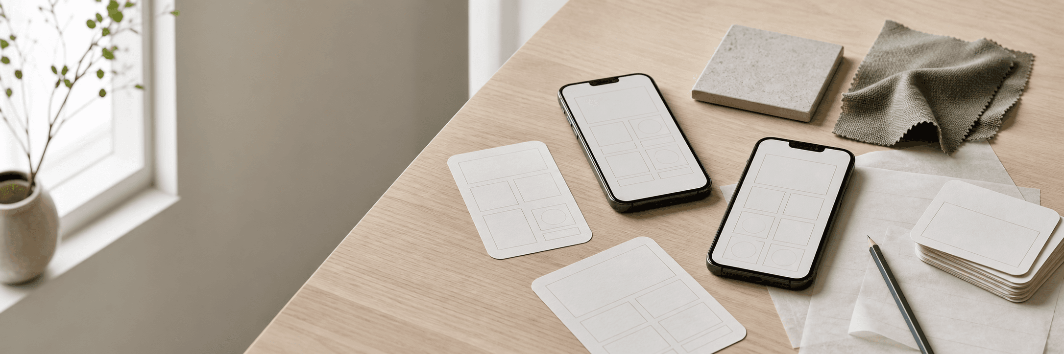 To smartphones med blanke wireframes, layoutkort og nordiske materialeprøver på et lyst egetræsbord