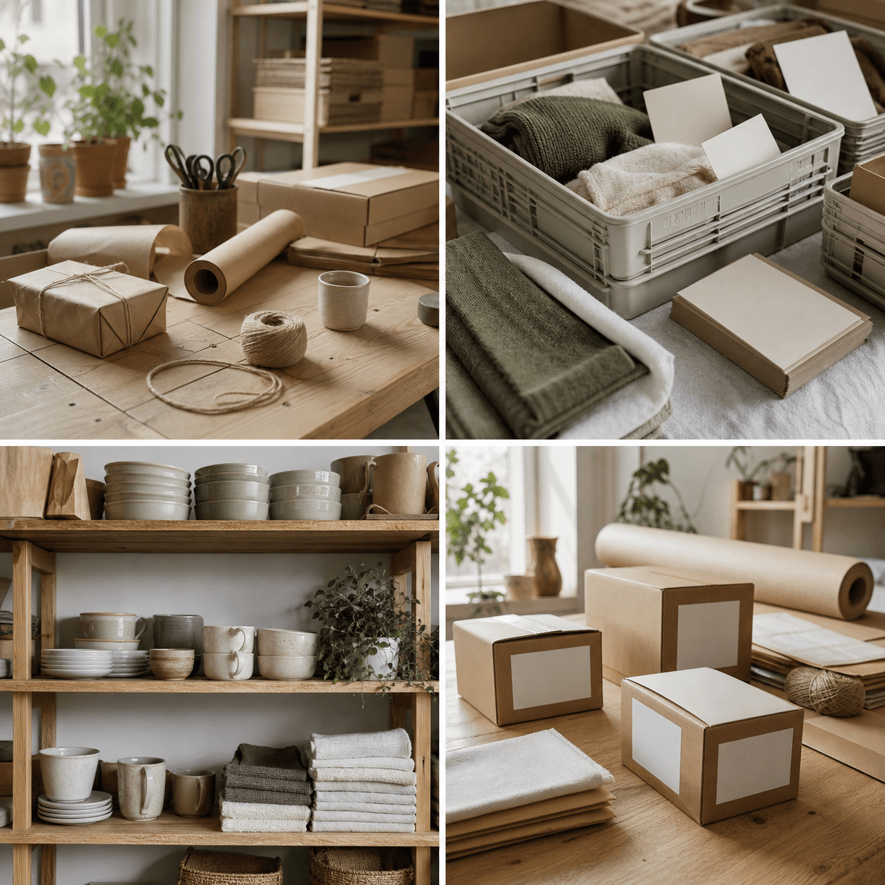 Et lyst nordisk arbejdsbord med emballage, blanke kort og materialer til et e-commerce-flow