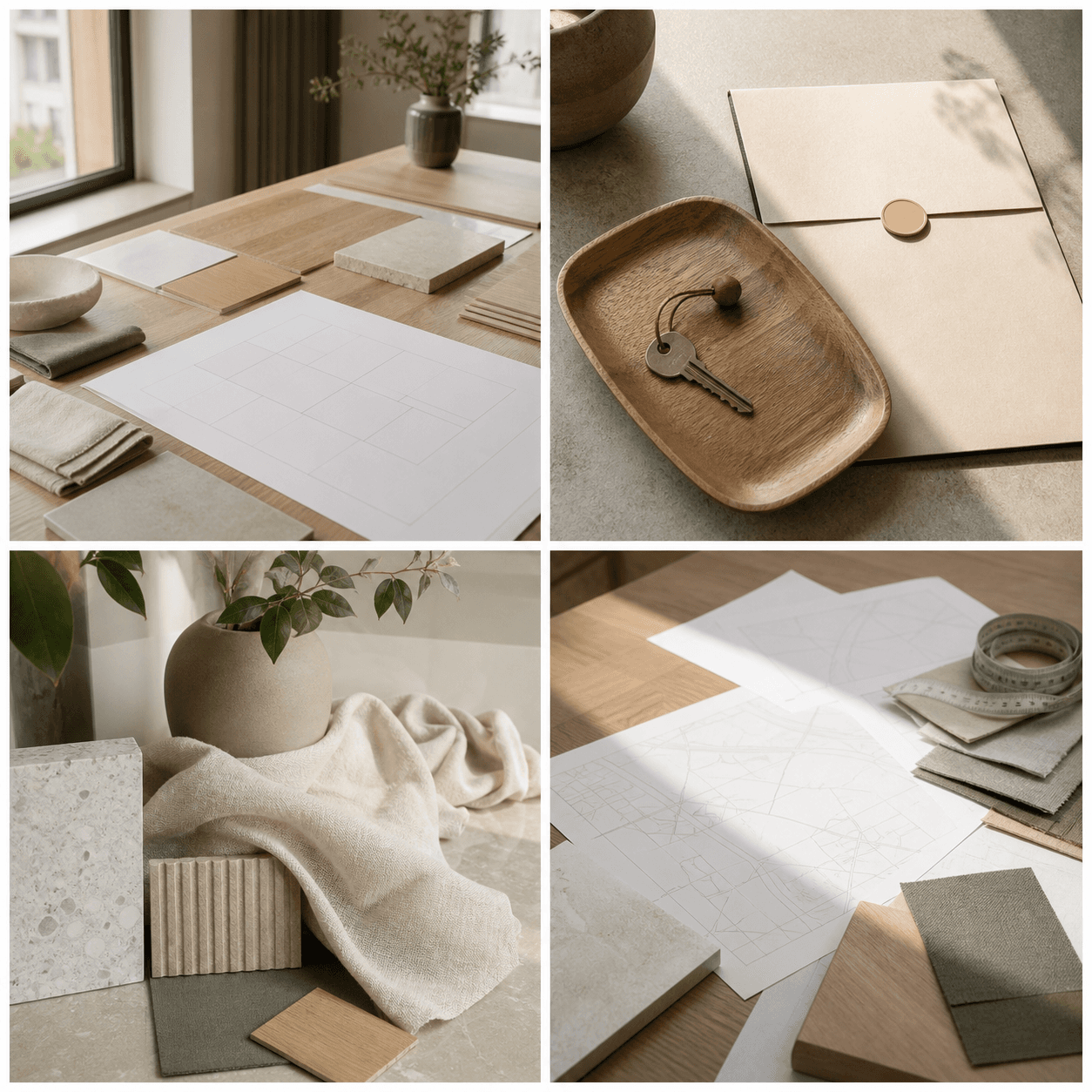 Lyst præsentationsbord med plantegning og materialeprøver