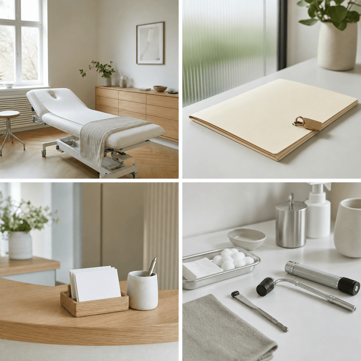 Tom lys nordisk klinik med behandlingsleje og linned