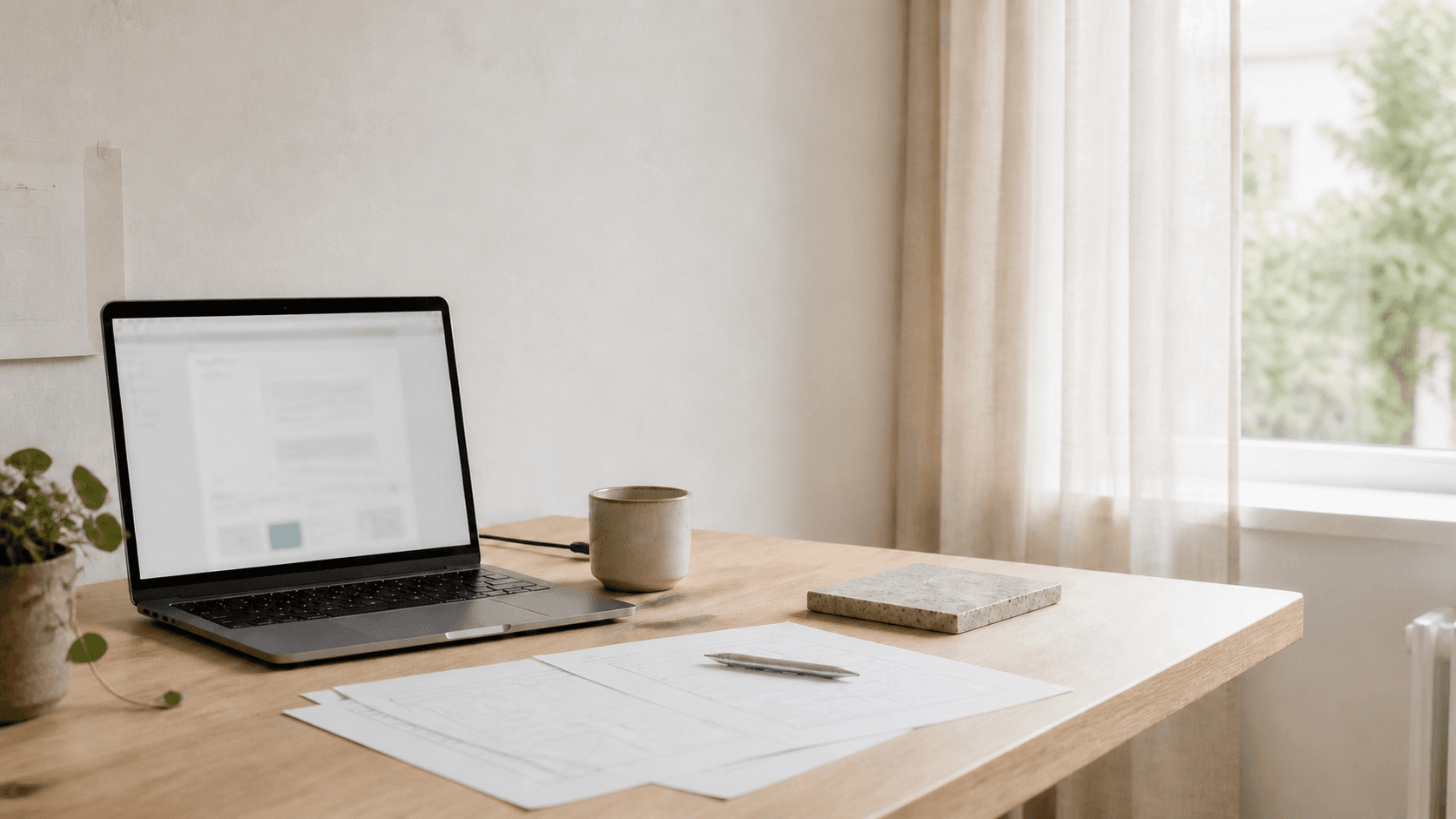 Et lyst nordisk udviklingsbord med laptop, skitser og naturlige materialer
