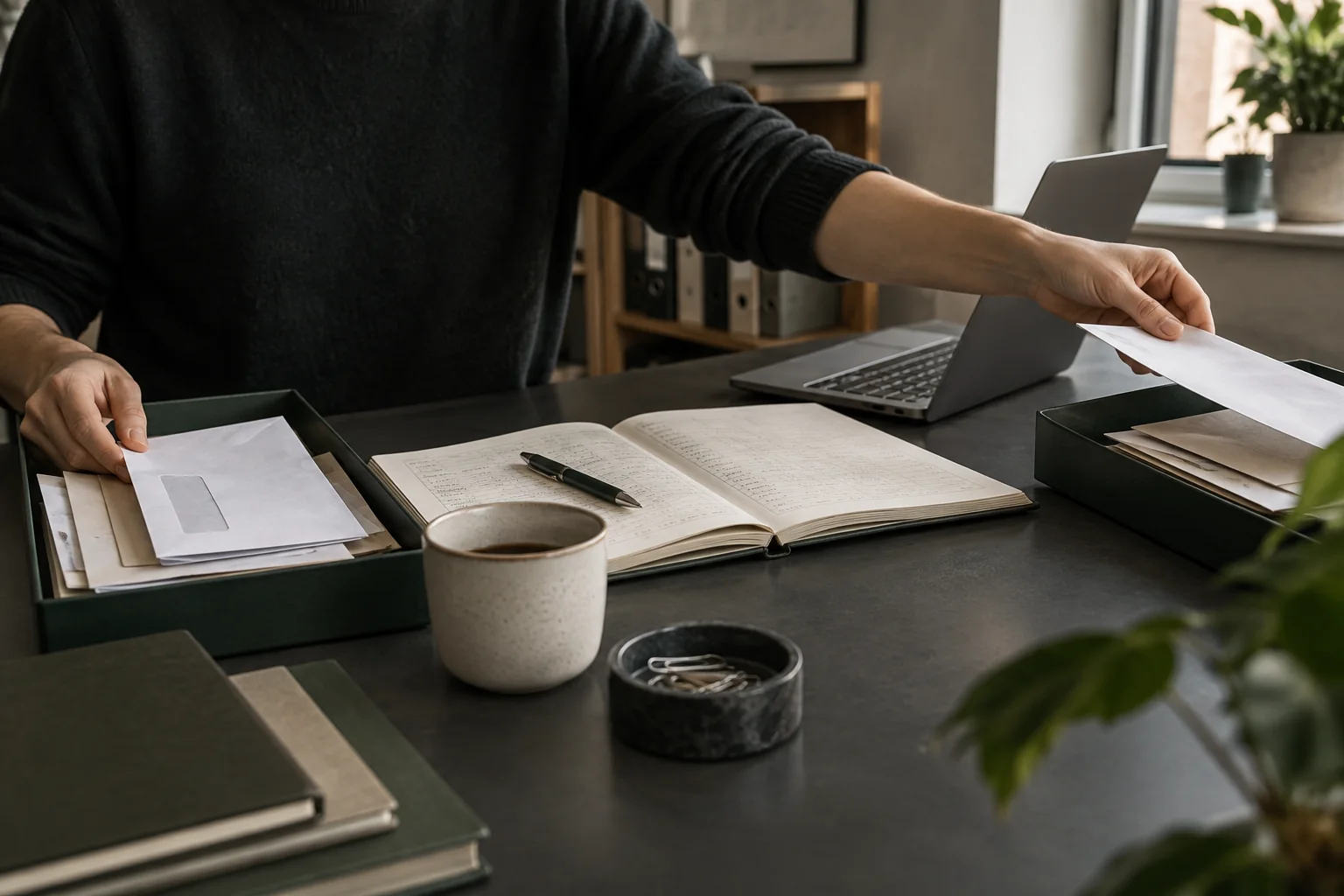 En administrativ opgave flyttes mellem indbakke, registrering og udbakke – AI-genereret illustration