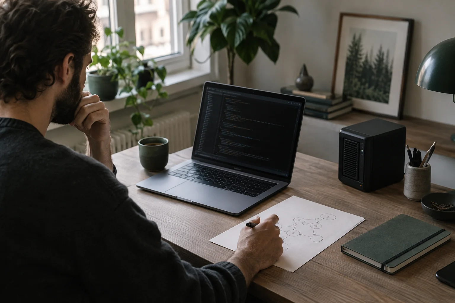 Udviklerens arbejdsplads med kode, procesdiagram og kompakt server – AI-genereret illustration