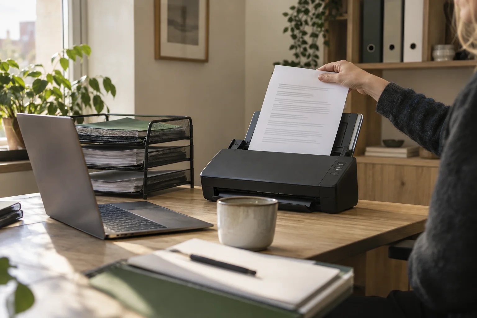 Dokumenter scannes og organiseres i en administrativ arbejdsgang – AI-genereret illustration