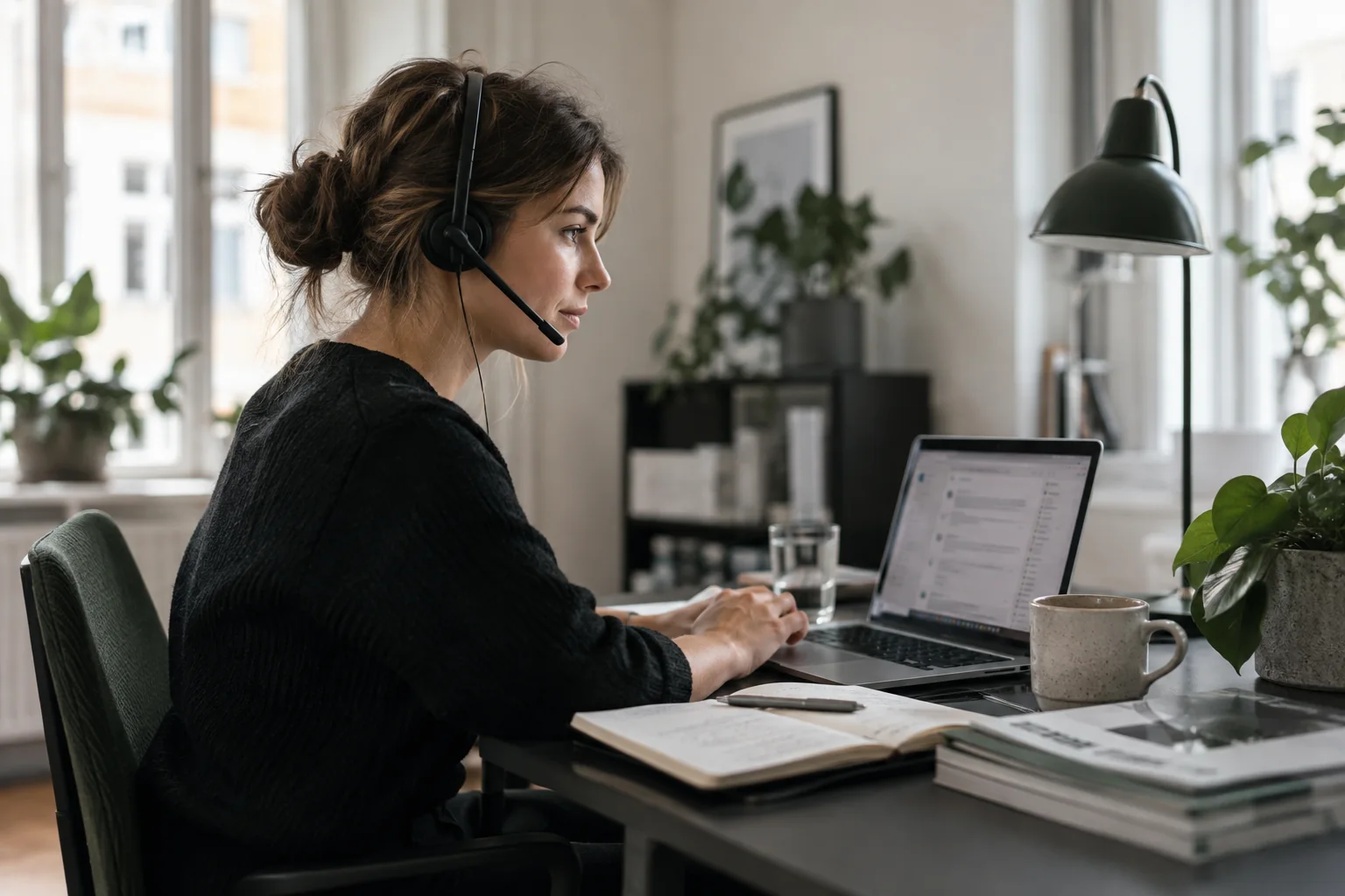 Kundeservicemedarbejder med headset, referencebog og beskeder på en computer – AI-genereret illustration