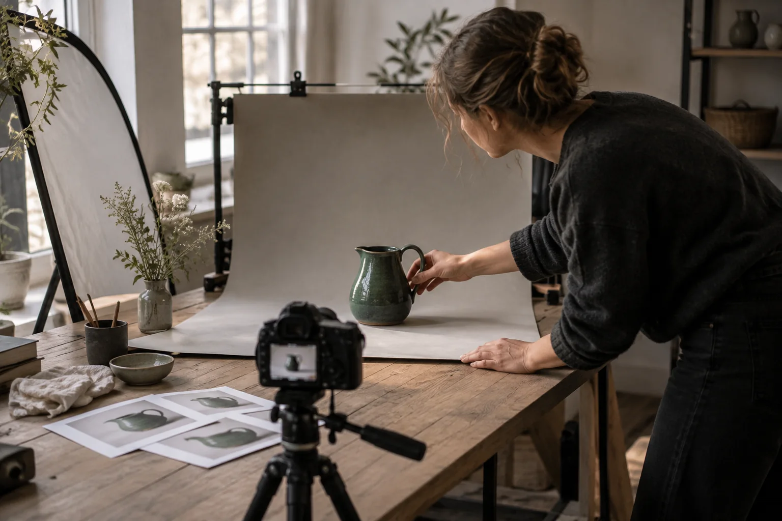 Produktfotografering af en keramikkande til en webshops katalog – AI-genereret illustration