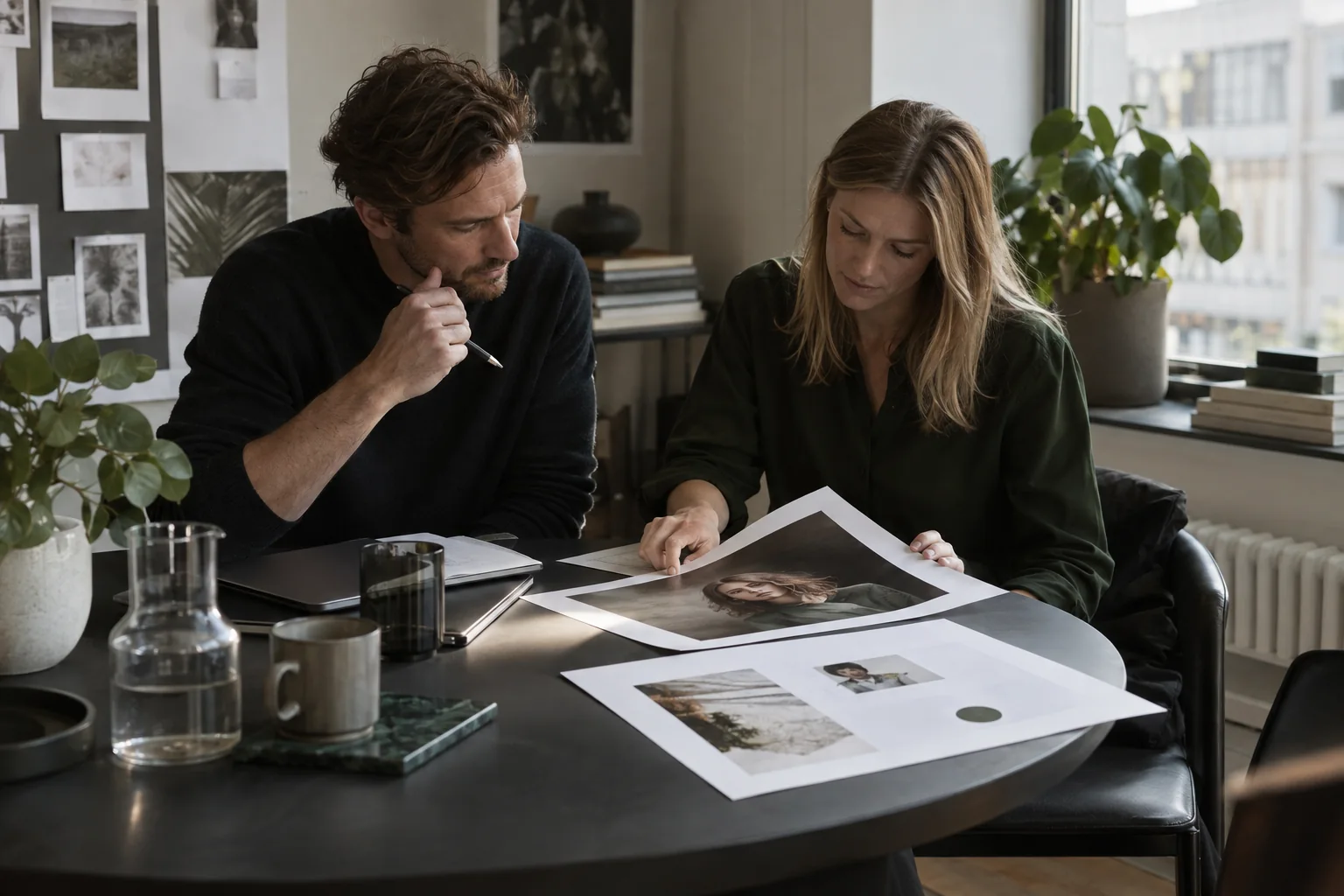 To kolleger vurderer materialer til en B2B-kampagne – AI-genereret illustration