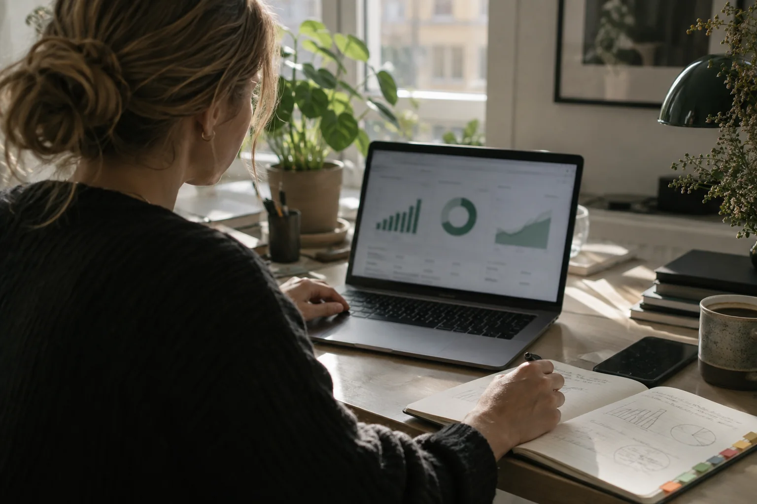 Marketingmedarbejder gennemgår en rapport ved sin bærbare computer – AI-genereret illustration