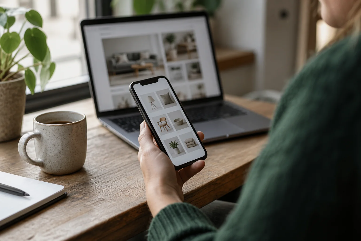Mobilvisning af en webshop afprøves på en telefon – AI-genereret illustration