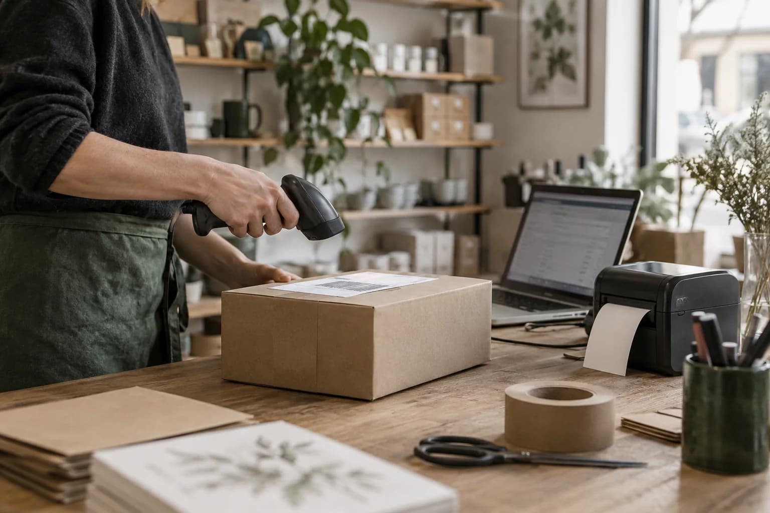 En pakke scannes ved webshoppenes pakkebord med labelprinter og computer – AI-genereret illustration