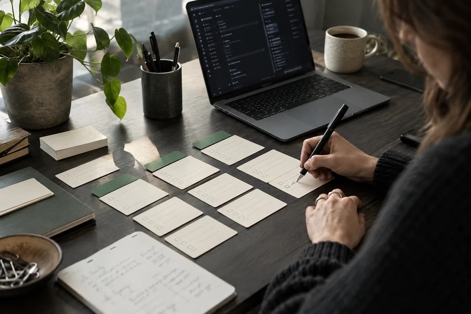En måleplan gennemgås med kort og tjekpunkter ved en computer – AI-genereret illustration