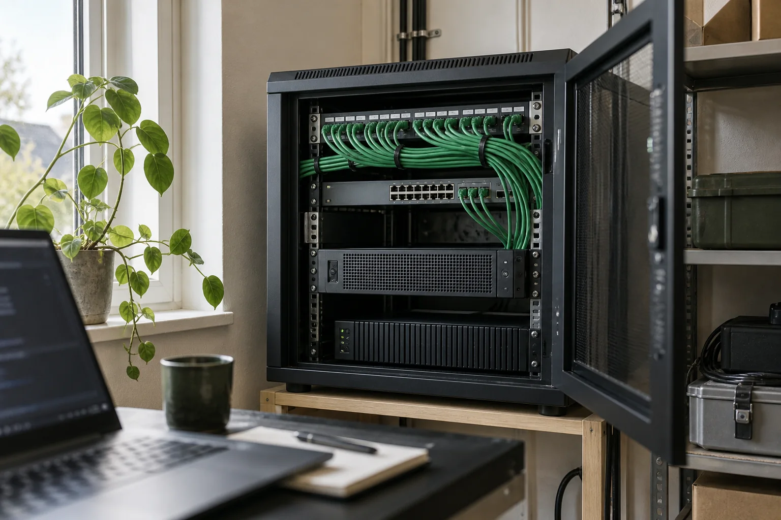 Kompakt serverrack med netværkskabler og computer i et mindre teknikrum – AI-genereret illustration