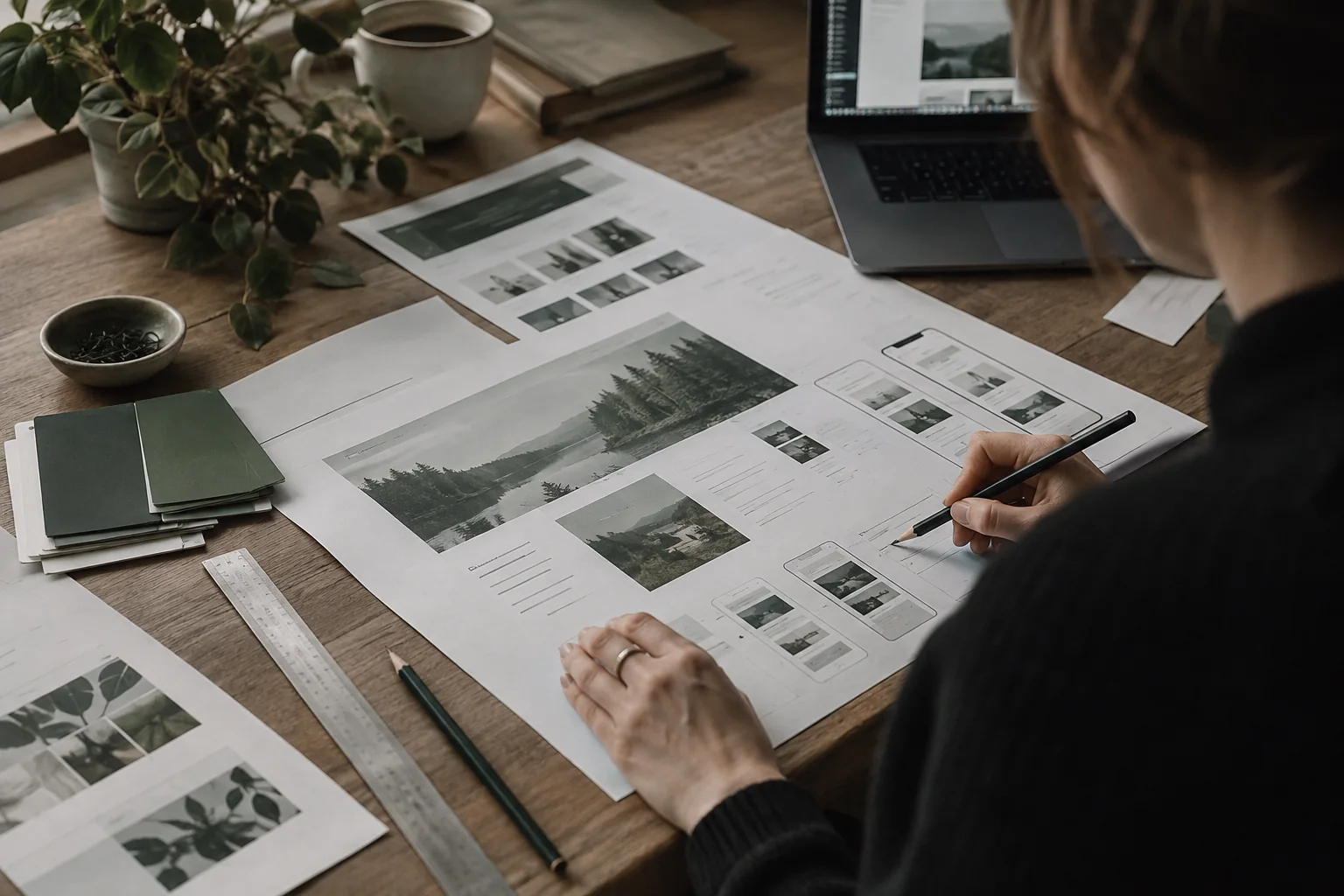 Designer planlægger sidernes opbygning med skitser, farveprøver og laptop – AI-genereret illustration