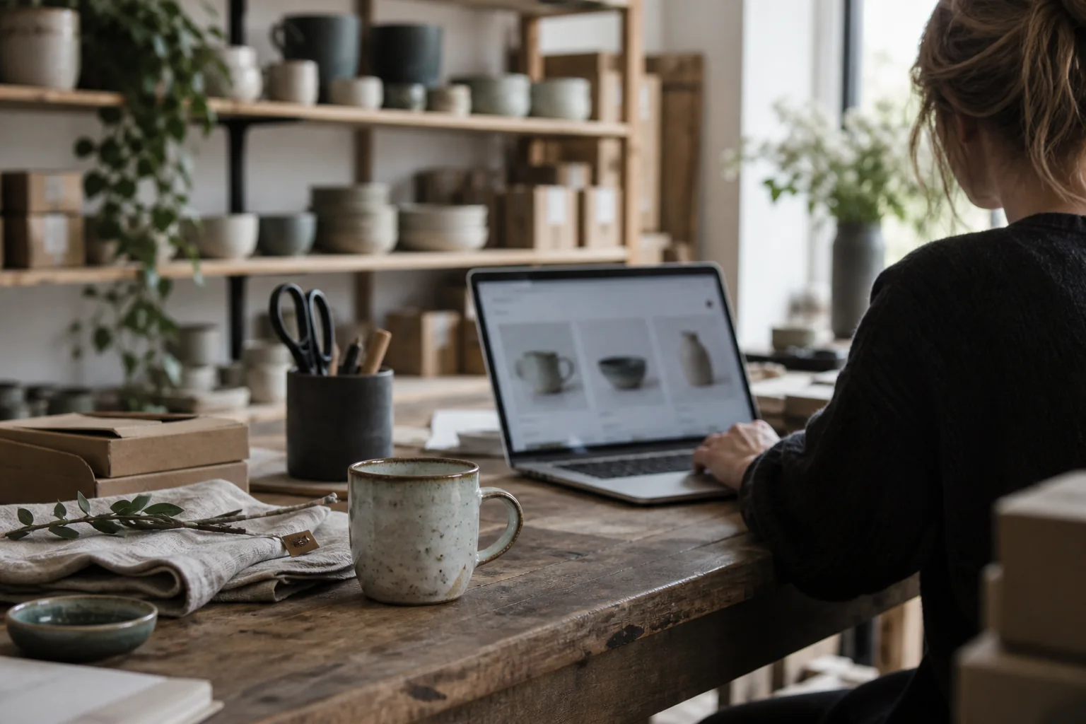 Webshoparbejde med keramikprodukter, emballage og en bærbar computer – AI-genereret illustration