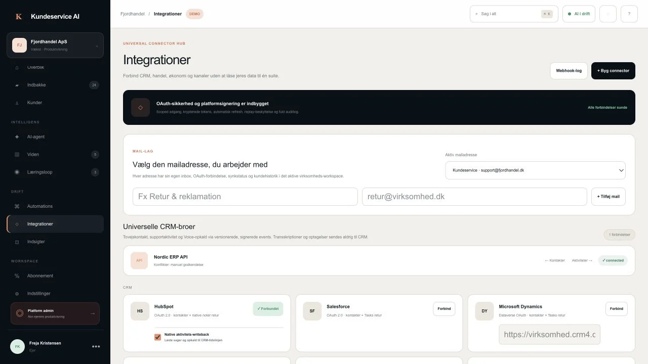 Integrationsoversigt i Kundeservice AIs offentlige demo med CRM og forbindelsesstatus