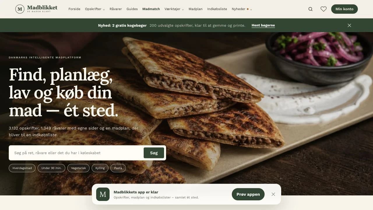 Madblikkets hjemmeside med opskriftssøgning, kategorier og en tydelig vej til madplanen