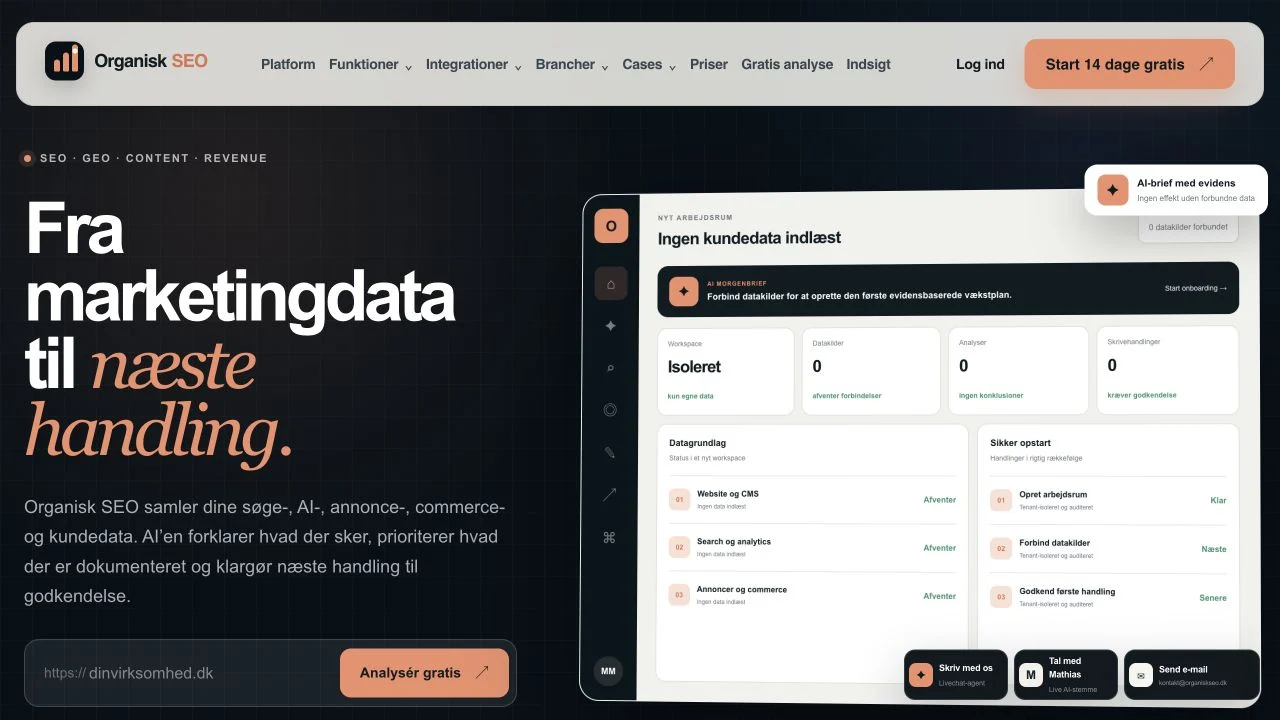 Organisk SEOs offentlige hjemmeside med forklaring af datagrundlag og næste handling