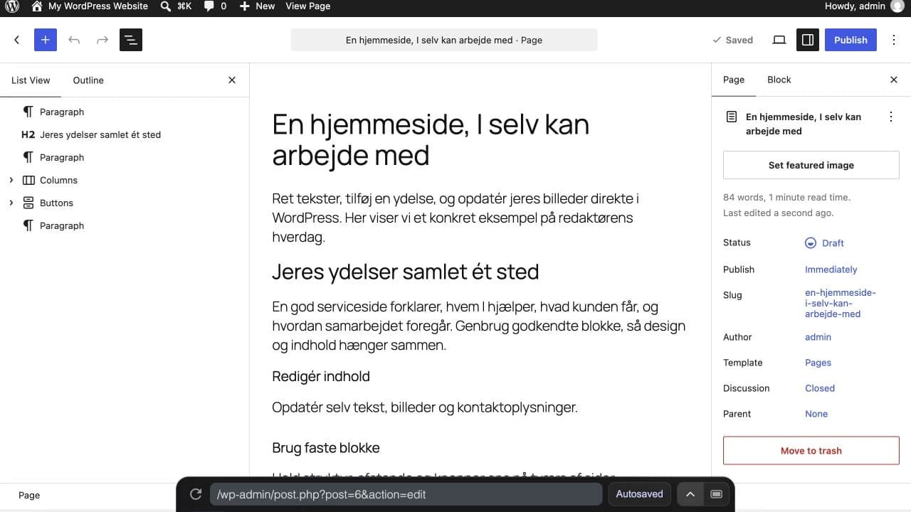 WordPress-editor med en dansk demonstrationsside og oversigt over indholdsblokke